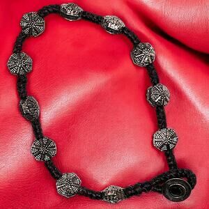 Silver Spinel Textured Beads on Brown Tied Rope 7 1/8" Bracelet!